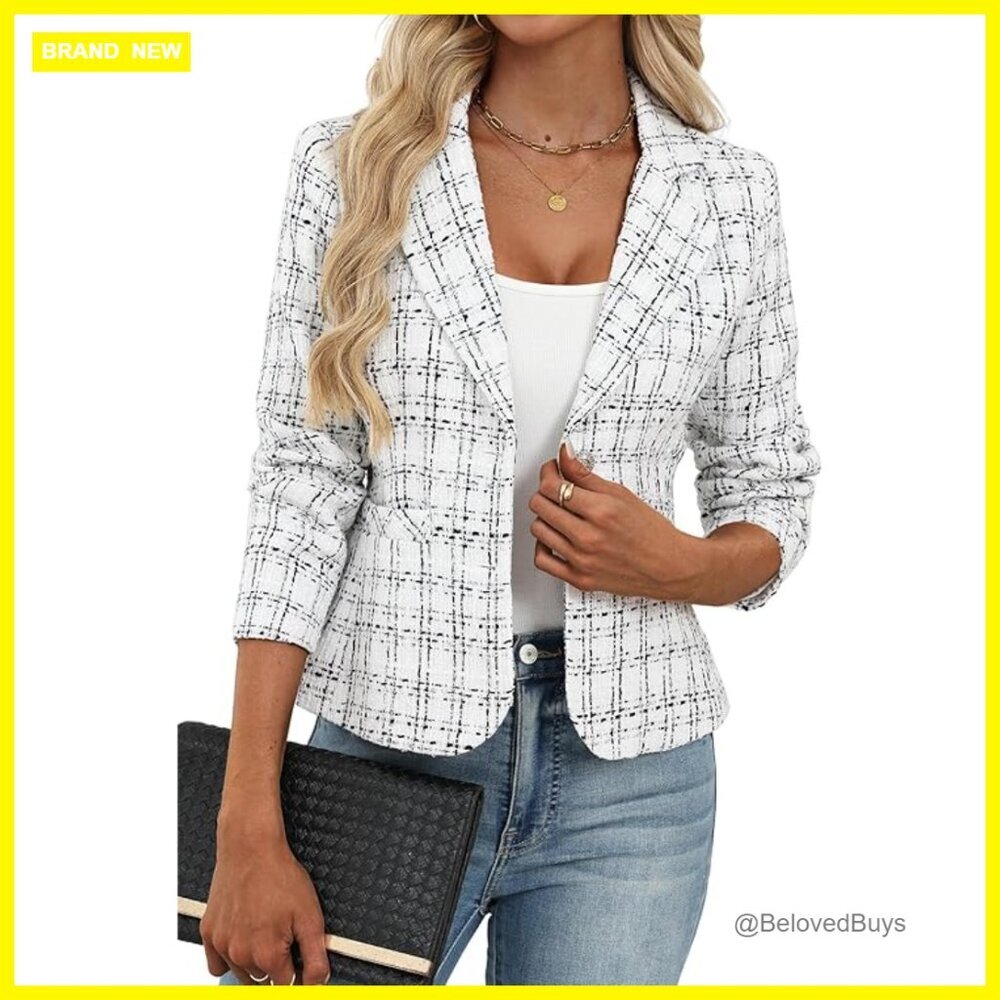 Slim Fit Tweed Blazer with Pockets, Business Casual Long Sleeve Jacket